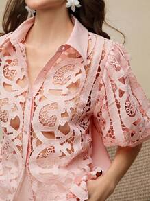 Anewsta Blusa transparente de manga corta con botones frontales y encaje de unicolor, sexy para el verano - Rosa - Ver 3