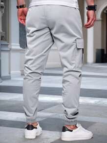 Manfinity Homme 男式带口袋松紧腰抽绳工装裤 - 淺灰色 - 查看 2