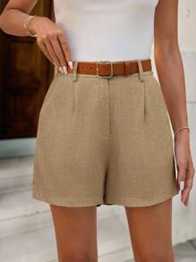 Solivie Elegant Linen Bamboo Knot Shorts - Khaki - View 4