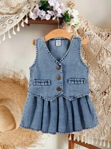 SHEIN Vintaside Kids 女婴时尚休闲复古蓝色牛仔背心搭配百褶裙，夏季 - 藍色 - 查看 1