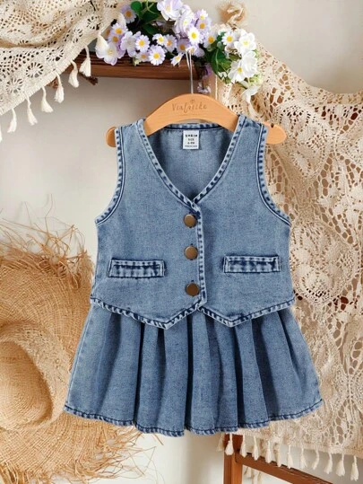 SHEIN Vintaside Kids 女婴时尚休闲复古蓝色牛仔背心搭配百褶裙，夏季