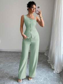 Selianne Women's 2pcs Sleeveless Button Decor Asymmetrical Shoulder Top And Straight Leg Pants Suit, Spring/Summer - Mint Green - View 5