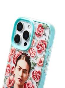 Frida Kahlo X SHEIN Funda de teléfono móvil con gráfico de figura, transparente en azul verdoso, duradera y de moda, compatible con iPhone