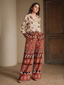 Anewsta 女士春夏菱形格高端时尚印花上衣和裤子两件套休闲、节日、度假、假日 - 紅木色 - 查看 3