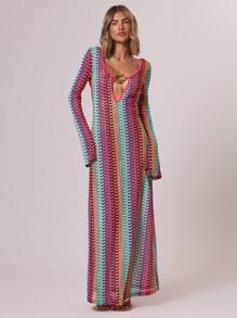 MUSERA 女士纹理图案针织长袖镂空修身长款连衣裙，适合伊比沙岛度假海滩，条纹优雅夏季长裙 - 彩色 - 查看 4