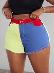 Slaydiva Plus Size Women Cowgirl Colorblock Elastic Waist Denim Shorts, Fashionable Summer For Women Festival Color Block Design Mini Shorts Casual - Multicolor - View 5