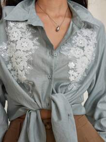 DAZY Women's Dusty Blue Elegant Sequin & Beaded Floral Embroidered Chiffon Blouse,Autumn Brunch Loose Office Commuter Long Sleeve Shirt Business Casual Top - Dusty Blue - View 3