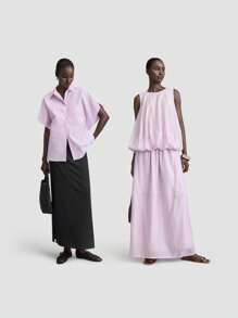 Ontre 2025 Spring & Summer Plain Color Bat Wing Short Sleeve Single-Breasted Pocket Loose Casual Shirt, Pink Ladies Holiday Top, Interesting Blouse For Beach, Party, Basic Everyday Wear, Festival, Versatile Office Commute, Music Festival - Purple - View 3