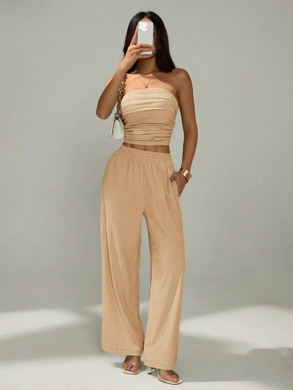 SHEIN PETITE 2 Stücke Damen schlicht-lässiges trägerloses Top und lange Hose Set