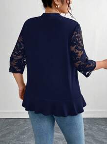 SHEIN Clasi Chaqueta de verano regular para mujer de talla grande, elegante abrigo negro con parches de encaje - Azul Marino - Ver 2