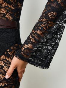 AiiRZ Vestido mini de encaje transparente de manga larga con cinturón, atuendo elegante para ocasiones especiales en invierno y otoño, para fiestas, clubes y vacaciones - Negro - Ver 4