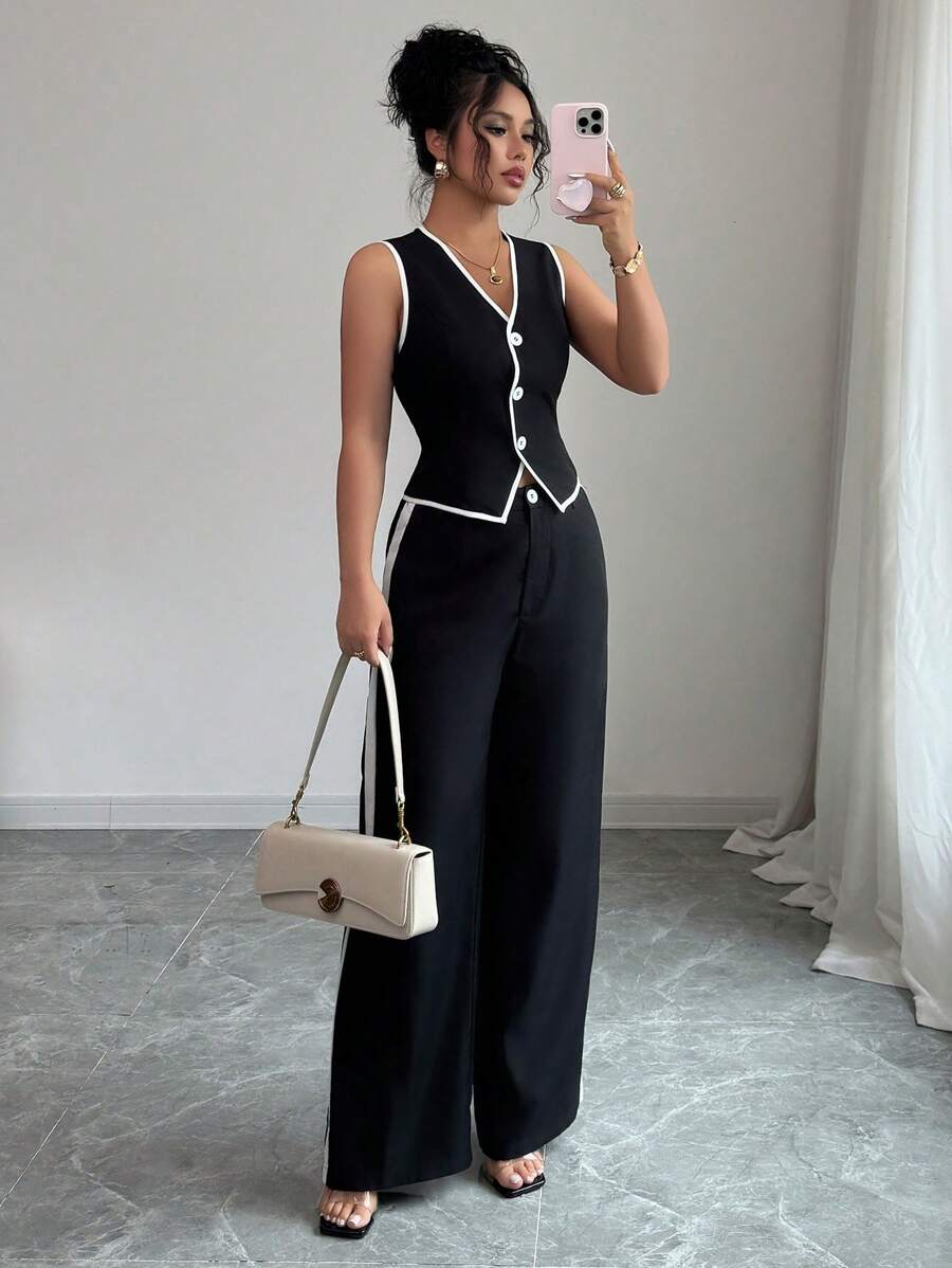 Selianne 女式夏季撞色无袖西装外套和阔腿裤套装