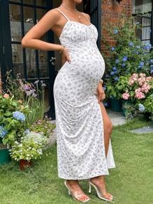 SHEIN Maternity Clothes>Dresses Sleeveless Ditsy Floral Ruffle Hem Split Hem Fitted Maternity Dress - Yellow - View 3
