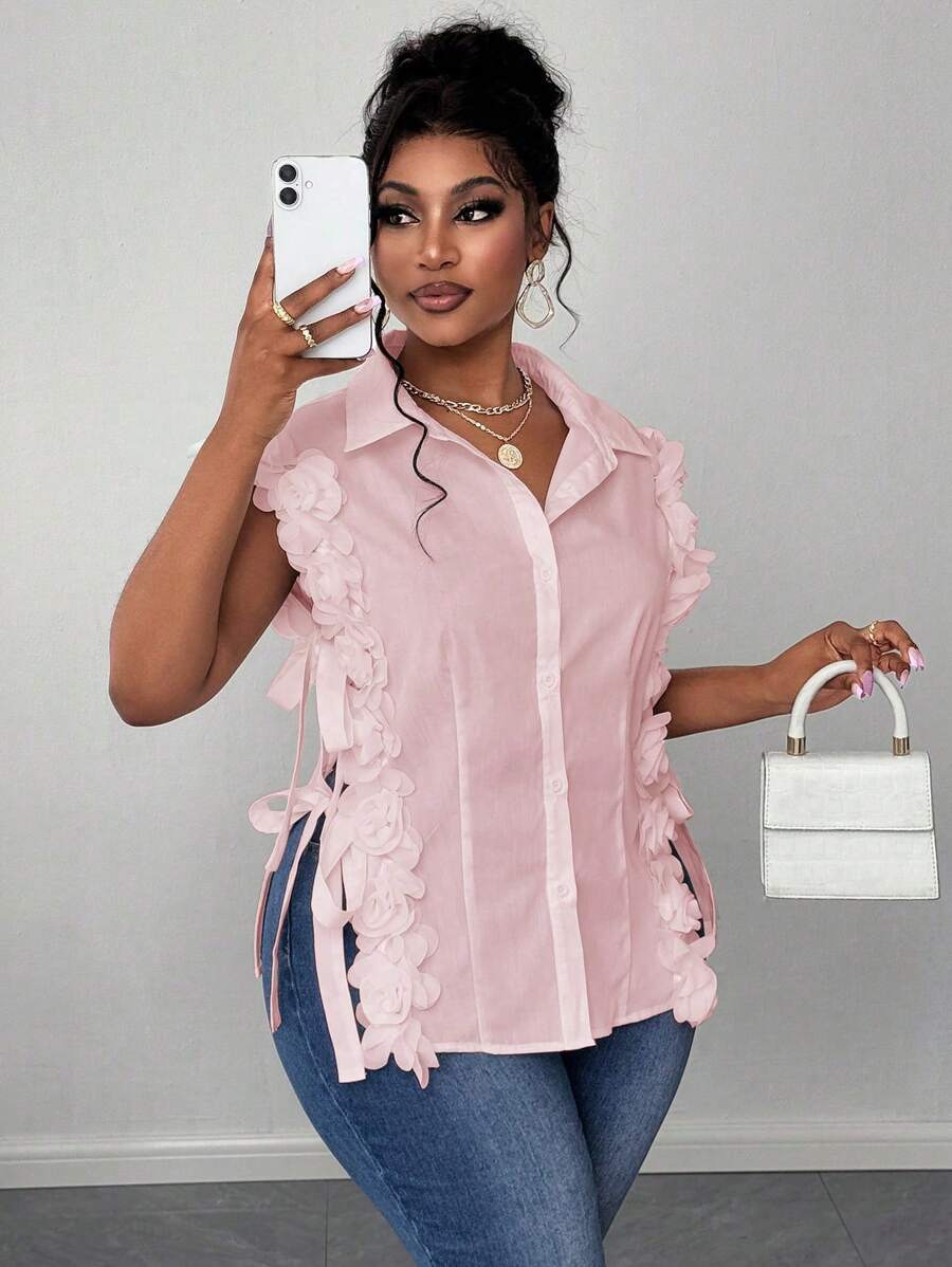 Maweii Gewebte elegante romantische floralen Spitze ärmellose Bluse in Große Größen