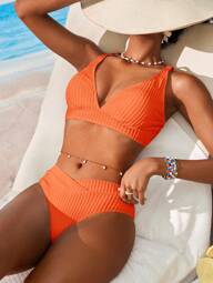 Swim Vcay Women V-Neck Textured Striped Orange Bikini Swimsuit Set For Summer Beach Vacation