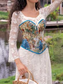 Myrelith 1pc Women's Floral Jacquard Lace-Up Back Tube Top - Multicolor - View 4