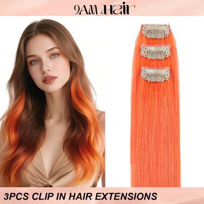 彩色夹式接发 100% 真人发 18 英寸 3 件橙色隐形直发挑染彩色假发彩虹接发 适合女士/女孩