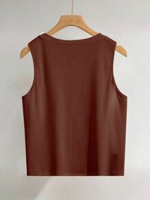 INAWLY 女士纯色仿珍珠装饰圆领优雅夏季背心 - 咖啡棕 - 查看 2