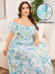 Modelyn Váy chữ A trễ vai tay bèo nhún thêu & in thanh lịch cỡ lớn, dáng thường cho mùa xuân và mùa hè - Nhiều màu - Xem 1