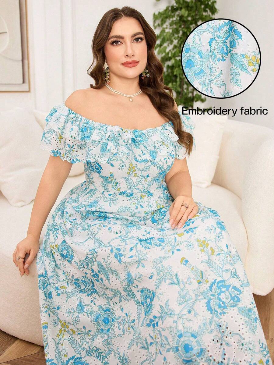 Modelyn Váy chữ A trễ vai tay bèo nhún thêu & in thanh lịch cỡ lớn, dáng thường cho mùa xuân và mùa hè - Nhiều màu - Xem 1