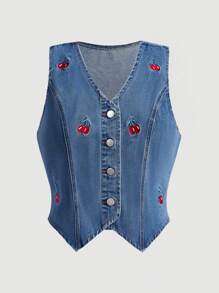 SHEIN MOD Women's Plus Size Cherry Print Button Up Denim Jacket