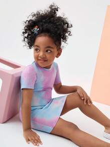 SHEIN Leap Crew فستان دائري مطبع بصبغة التروية مناسب للفتيات الصغيرات