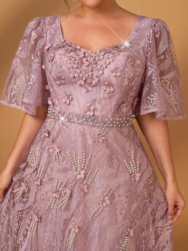 Serin Vestido de línea A elegante, romántico y de talla grande con cuello de corazón, mangas abullonadas, decoración de perlas y bordados lujosos en tela color rosa loto, apto para boda, celebración, fiesta, vestido de madre de la novia