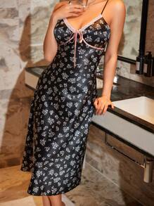 SHEIN Contrast Color Lace V-Neck Faux Silk Ditsy Floral Nightgown For Women - Black - View 1