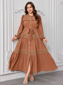 Graceveil Plus Size Long Sleeve Solid Color Ruffle Hem Arabic Style Dress Fall Cloth For Women - Khaki - View 1