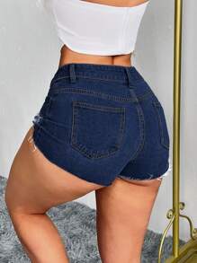 SHEIN Tall 女式休闲做旧口袋牛仔短裤 - 深色水洗藍 - 查看 3