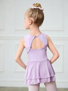 SHEIN 小女孩紫色无袖镂空后背芭蕾紧身衣，带薄纱裙，四向弹力高弹力儿童芭蕾舞连体衣 - 紫色 - 查看 3