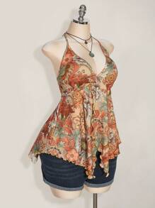 SHEIN ICON 大码女式春夏外出度假休闲复古印花露背吊带衫 Y2K V 领西部女式波西米亚风海滩女式嬉皮娃娃上衣