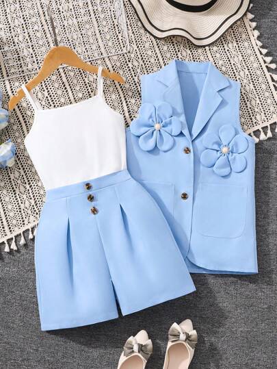 女童优雅高腰背心、背心和短裤三件套