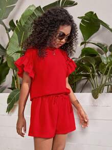 SHEIN Tween Girl Ruffle Trim Flounce Sleeve Top & Shorts - Red - View 5