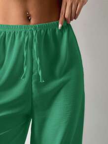 EURMUSE Solid Elastic Waist Wide Leg Trousers - Lime Green - View 5