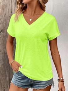 SHEIN LUNE Áo thun nữ cổ chữ V tay ngắn dáng rộng thoải mái mùa hè, màu xanh neon - màu xanh lá - Xem 5