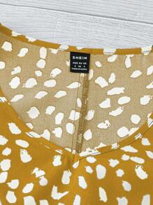 SHEIN LUNE 法式优雅编织 V 领盖袖常规印花女式衬衫，夏季新品 - 黃色 - 查看 3