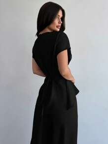 Firerie 1Set Women Office Wrap Chest Tie Waist Top And Wide Leg Pants - Black - View 2