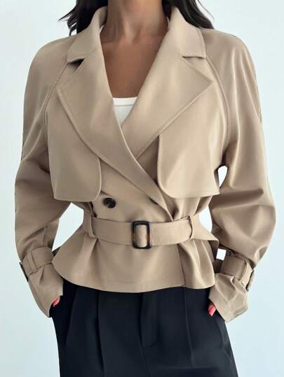 Firerie Women's Elegant New Fall/Winter Fashionable Daily Casual Versatile Commuting And Comfortable New Khaki Pocket Belt Women's Trench Coat,Old Money Style Back To School Teacher Winter Autumn Old Money Business Casual Women Trench Coat Belted Jacket Cropped Jacket Women Blazer For Women V-Neck Waist Suit Linen Blend Collarless Long Sleeve Lightweight Coat Fall /Airport /Going Out