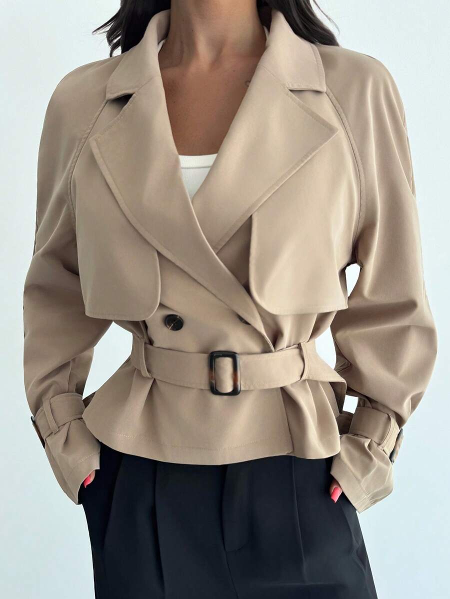 Firerie Casaco Trench Elegante Cáqui Feminino, Jaqueta Casual de Negócios para Escritório no Outono com Cinto, Estilo Old Money, Blazer Cropped de Manga Longa com Decote em V e Cintura, Mistura de Linho