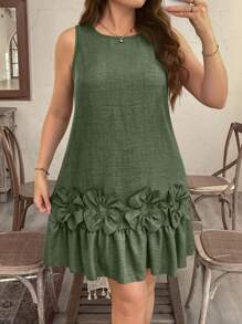 SHEIN LUNE Plus Size Sleeveless 3D Floral Ruffled Hem Straight Dress - Olive Green - View 4