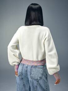 CasuGlow Women's Cute Bow Tie Multicolor Cuff And Hem Detailed V Neck Balloon Shape Sleeve Knitwear Cardigan Winter Y2k Clothes Women Tops Y2k Top White Back To School Y2k Top,Long Cardigans Woman,Petite Cardigans,Cardigans - White - View 3