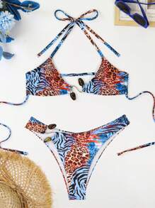 Swim Vcay Women Sexy Leopard Print Bikini Set With Random Floral Print, Halter Neck Tie Side Swimsuit For Summer Beach Vacation