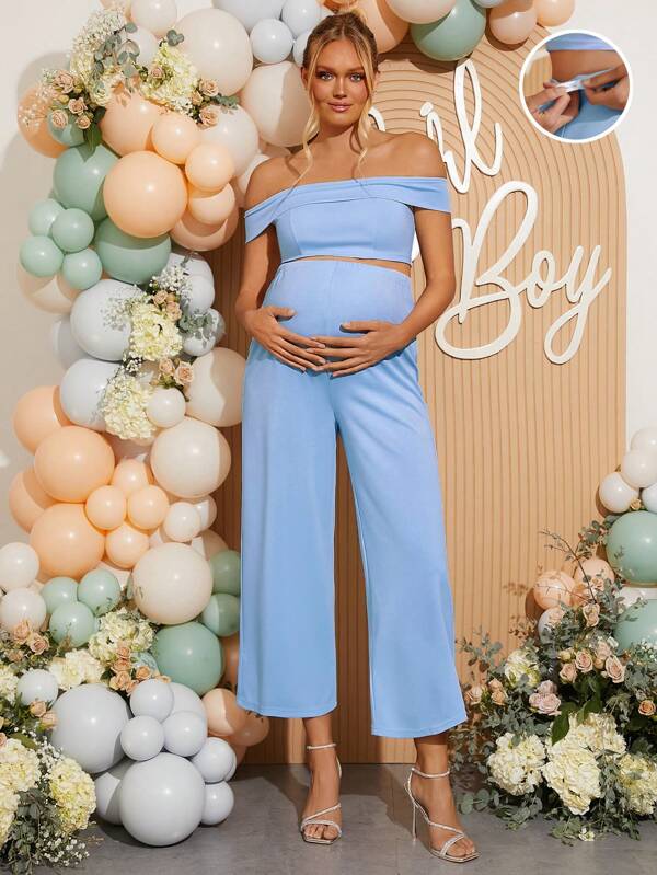 Loomaby Conjunto de 2 piezas de maternidad, top hombros descubiertos y pantalones largos con cintura ajustable, elegante