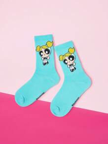 THE POWERPUFF GIRLS X SHEIN 1 双女式泡泡图案可爱舒适中筒袜 - 藍色 - 查看 2