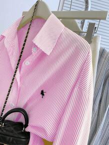 INAWLY Áo thun sọc đơn hàng rời vai trễ dành cho nữ cỡ lớn - Hồng - Xem 5