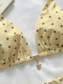 Elavelle Spring Break Women Polka Dot Random Print Metallic Decor Spaghetti Strap Sexy Bikini Beachwear Set For Ladies For Summer Beach Vacation