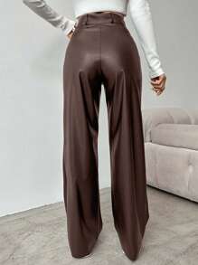 EURMUSE Women Plain PU Leather Pocket Straight Leg Pants - Brown - View 2