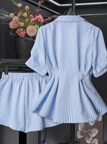 Franclia 2件套：条纹V领收腰短袖衬衫和收腰短裤