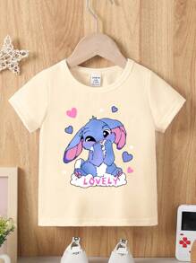T-shirt basique à col ras du cou et manches courtes avec imprimé de bande dessinée pour jeunes filles